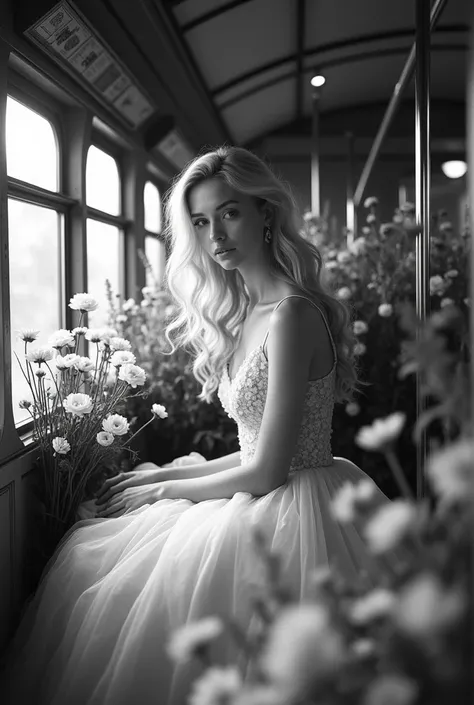 Futurism b and w photo blur-motion portrait photo of A beautiful blonde girl in a chic floral gown,, collage art crafted from vintage poster ,art composition , ,futuristic art style, sitting amidst a variety of fresh flowers in a retrotrain carriage. The s...