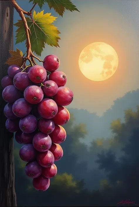 The oil painting includes a cluster of grapes in the foreground and a bright moon in the distance.
