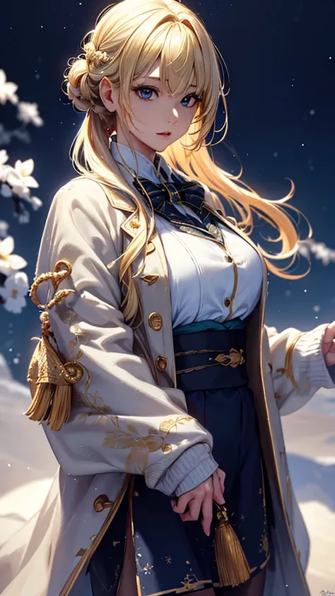 masterpiece,            High Quality           , 4K, Beautiful design,  blonde alone     ， 非常に詳細な夜の           starry sky           , Illuminations，       amazing,           delicate details,  Very knowledgeable woman           , Highly detailed solo, 1 fem...