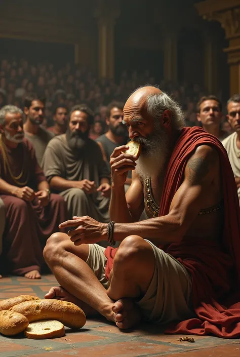  Diogenes in the theater eats bread ,  looks at the wealthy audience with a mockery, faces around are outraged .