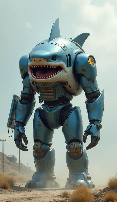 draw a cyborg mixing between sharks body and truck  in hyper realistic environment
