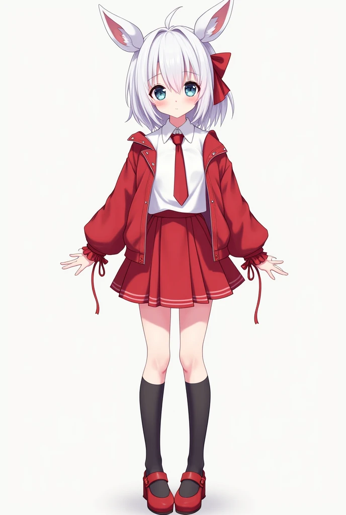 A anime girl with white hair, grey-blue eyes, with white t-shirt, red short jacket, and in red skirt, in black long socks. With fluffy dear ears, red ribbons on shoes, long white shoes, red tie, short white straight hair, red ribbons on sleeves. She stand ...