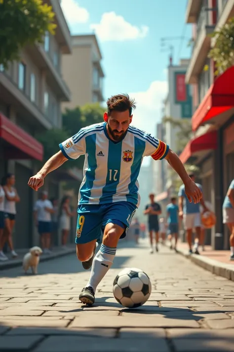 Messi plaing football in a street 