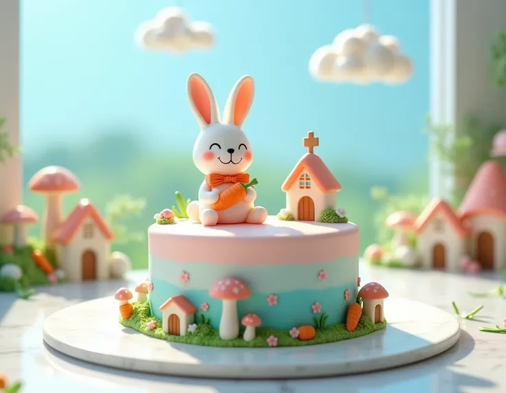 Beautiful cream cake, close-up, smooth, soft and grainy light pink and blue soft candy base, with a cute little white rabbit statue on the cake, big ears, rosy cheeks, and a bright smile. The little rabbit is wearing an orange bow tie and happily holding a...