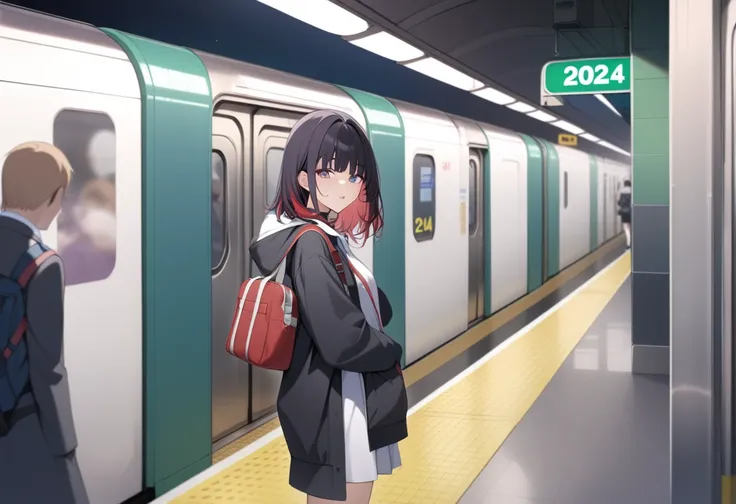 best quality, amazing quality, great quality, absurdres,  girl standing at subway station，JK，2024