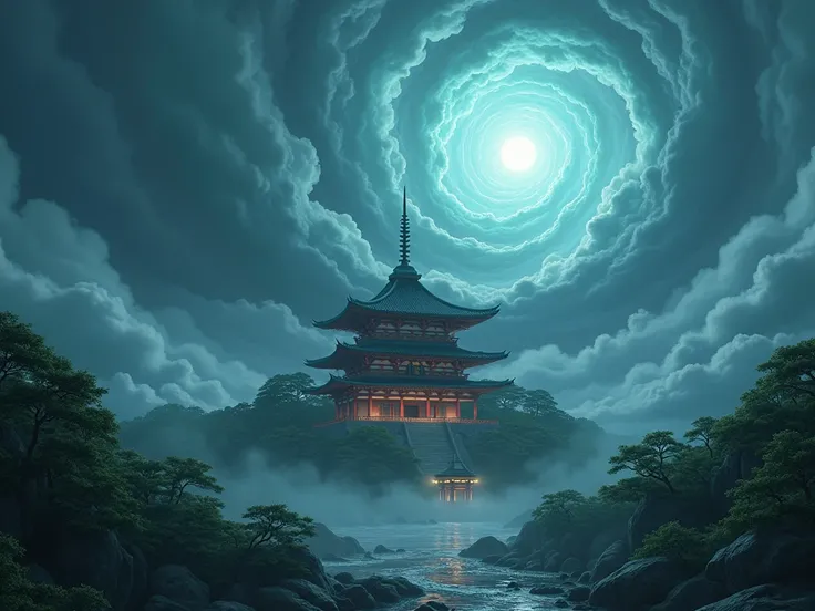 A dark, stormy sky above an ancient Japanese temple * Disney Pixar animated movie style * intense storm with magical winds * fantasy elements with a mystical touch.