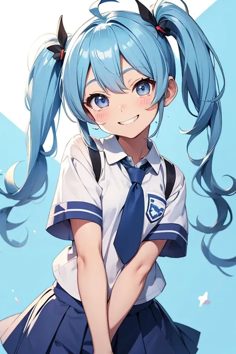 light blue twin tails, ahoge, tear mole, short stature, petite body, large eyes, school uniform (casually worn), bright smile, approachable vibe.

smile,teeth