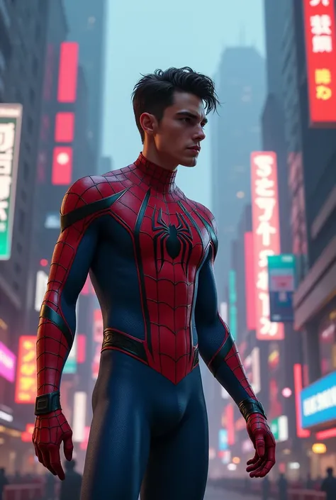 Americam 20 year old in spider man costume, handsome, attractive, cyberpunk.