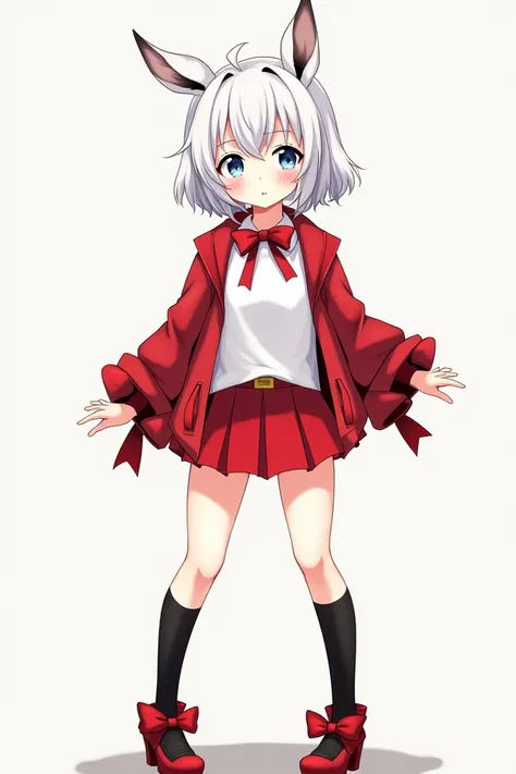 A anime girl with white hair, grey-blue eyes, with white t-shirt, red short jacket, and in red skirt, in black long socks. With fluffy dear ears, red ribbons on shoes, long white shoes, red tie, short white straight hair, red ribbons on sleeves. She stand ...