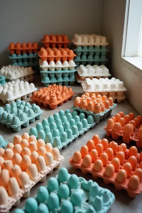 Many plastic egg trays in the room