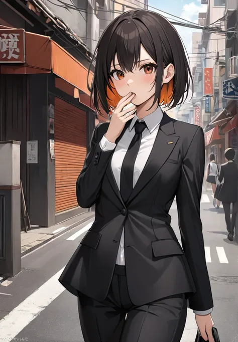  1 girl, Semi-short hair,  high definition , masterpiece,  anatomically correct,  best quality,  black hair,  Tall、 slender、Reddish brown eyes、 closes her mouth, Around town、 black suit、Black tie、Dark orange inner color