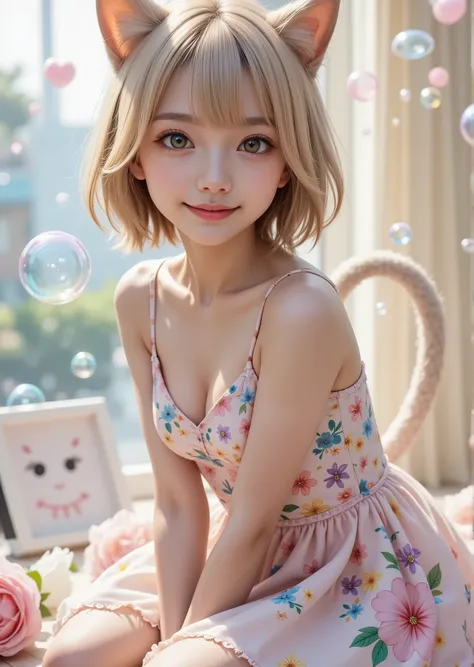 Anthropomorphic cute female cat、 her whole body is shown 、 wearing a floral dress、Lots of soap bubbles in the background