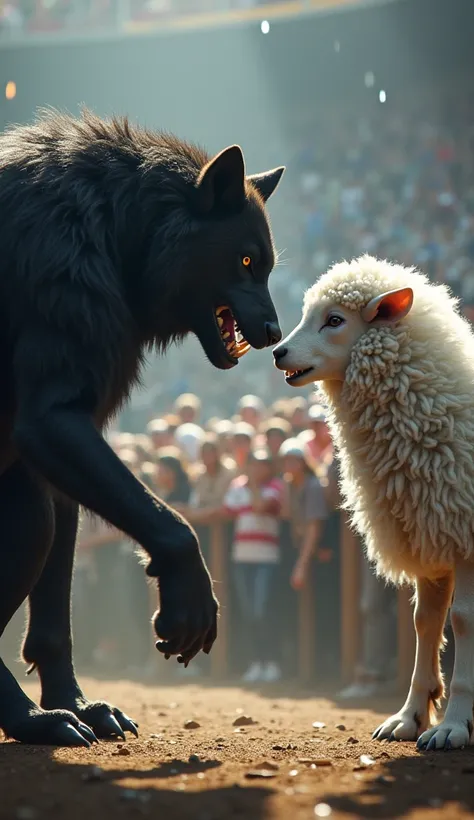 The black werewolf and the white sheep face each other, raising their fists and nodding respectfully, each preparing for the fierce showdown. The crowd’s energy builds as they anticipate the fight.