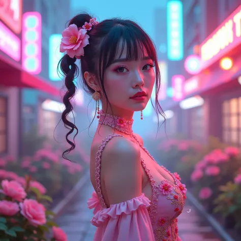 A breathtaking, hyper-realistic portrait of a stunning character inspired by anime aesthetics, standing confidently in a dreamy pastel-toned landscape. The character is dressed in a professionally styled kawaii outfit adorned with intricate floral patterns...