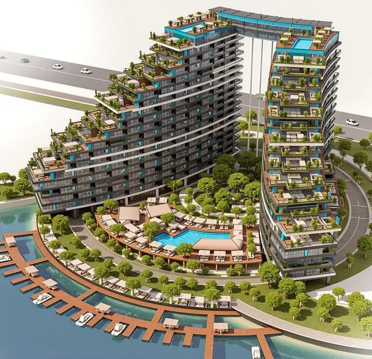 16-story residential and commercial tower with a modern style and volumetric play, sea view, landcapes, garden