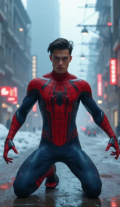 Ice landian 20 year old in spider man costume, handsome, attractive, cyberpunk.