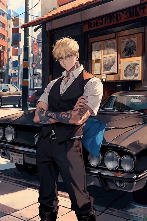 man, One, middle aged,  strong build, High,  Short hair,  blond hair,  blue eyes,  art, stands near the car, street, SHOP,  in a white shirt , Rolled up sleeves , black vest,  black pants ,  black high boots ,  in the right hand, the revolver, red scale ta...