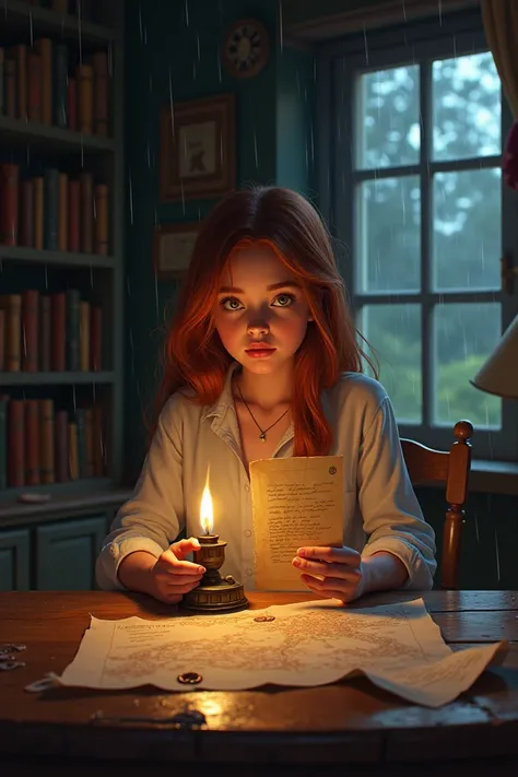 A dimly lit cozy cottage interior, with rain streaking the window. A young woman with auburn hair sits by a wooden table, holding an ancient letter with a wax seal. The room has shelves lined with books, a flickering oil lamp, and a map spread out on the t...