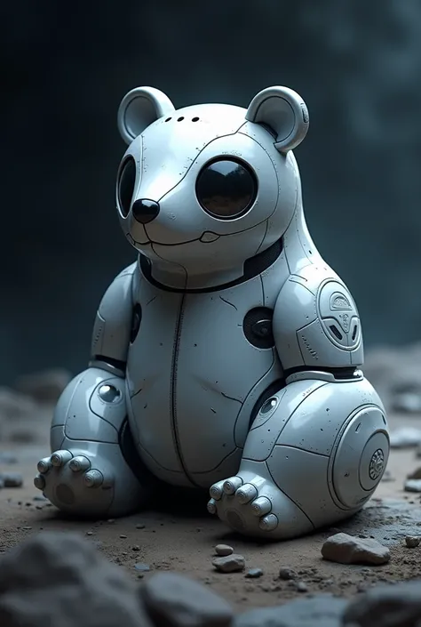 앉아 있는 곰 형태의 샘플한 디자인의 은색 우주선, A silver spaceship with a transparent window on the head and a sample design in the shape of a sitting bear. 