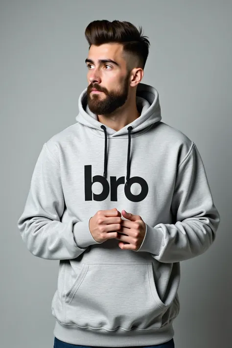 young man with a well-groomed beard and stylish haircut stands against a neutral gray background. He is wearing a light gray hoodie, which features the word BRO in bold letters on the chest. His arms are slightly bent, and he appears to be engaged in thoug...