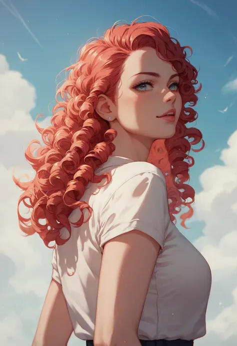 1 girl,rostro, curly hair , red hair