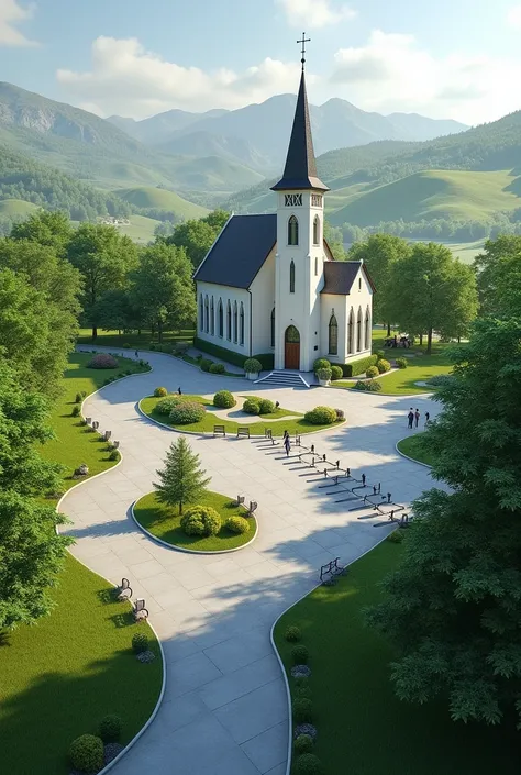 Make a nice landscape outside of the ecumenical church with parking