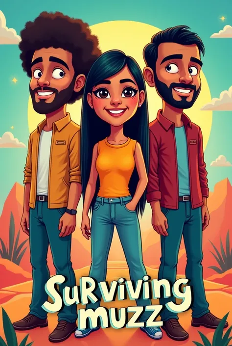 Make an album cover art with the title "SURVIVING MUZZ". Band name is: BUSHRA AND THE BOYS. The girl looks like a short bengali with straight black hair. Standing beside here are 3 men: one with light brown complexion with brown afro curly hair, and the tw...