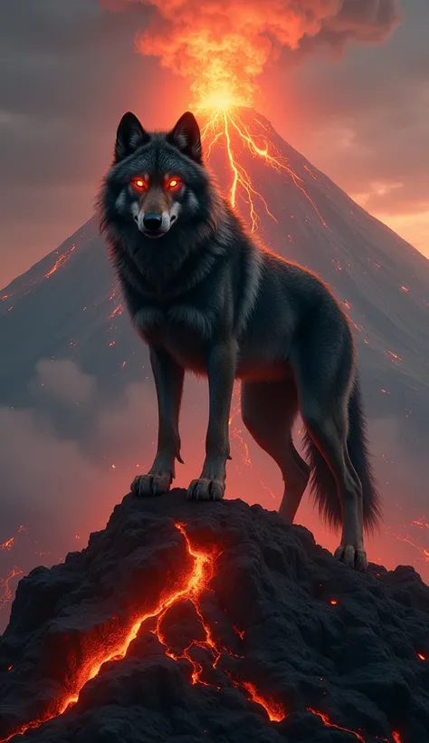 A wolf on a volcano, eyes of fire