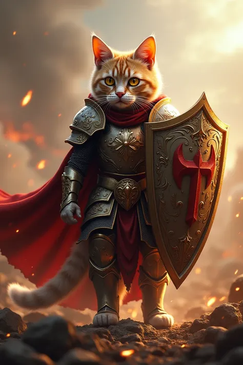 A cat is a knight at war with a shield with the inscription Nikita