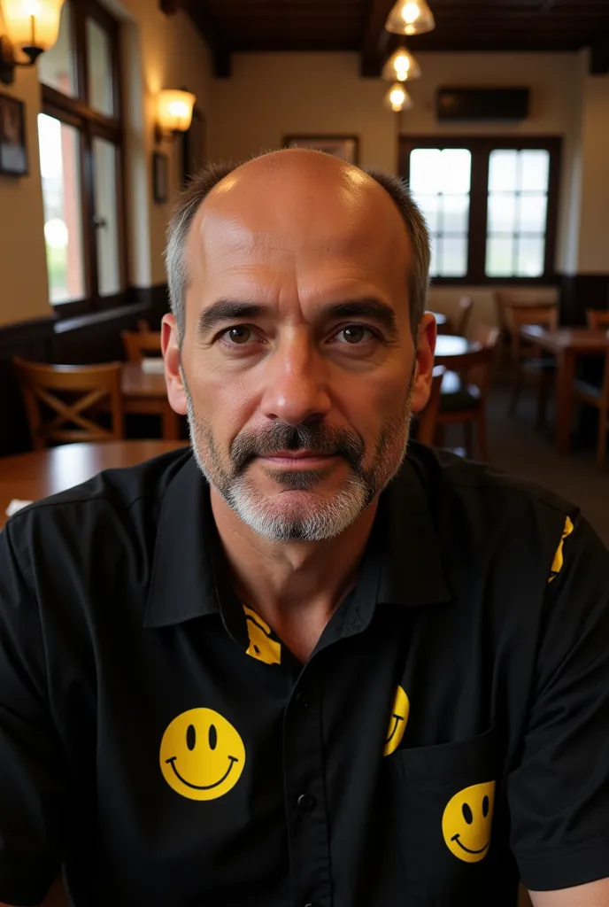 portrait from a bald man with a short gray stubble. he wear a black shirt with yellow smiley pattern. he sitting in a café. 8k p...