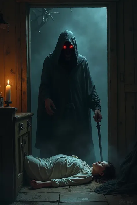 A dark, hooded figure sneaks into a small cottage at night. The room is dimly lit by candlelight, with a sense of tension in the air. The man has an evil aura, with glowing red eyes, holding a weapon. A womans lifeless body lies on the ground, and a baby i...