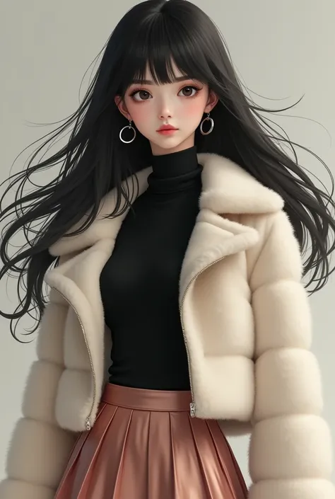 mai, 1girl, solo, black eyes, black hair, long hair, blunt bangs, straight hair, floating hair, Cream mink coloured fur coat cropped zipped up , black turtle neck shirt on the inside, rose gold skirt 