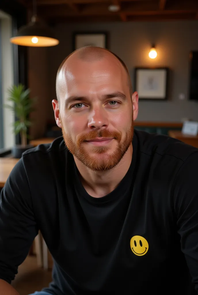 portrait from a bald man with a short ginger stubble. he wear a black shirt with yellow smiley pattern. he sitting in a café. 8k...