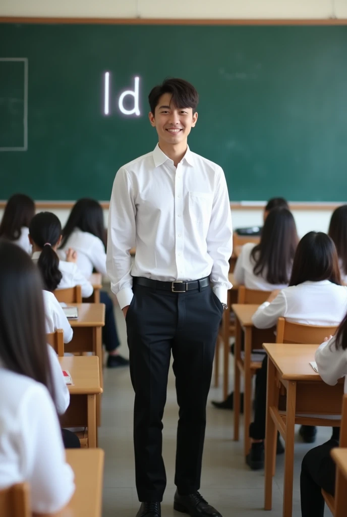  a handsome young man from korea ,  short hair black undercut ,clean and handsome white face , sexy body,  smiling sweetly facing the camera ,man wearing a professional dress as a high school teacher ,  white batik top and black cloth pants ,  black teache...