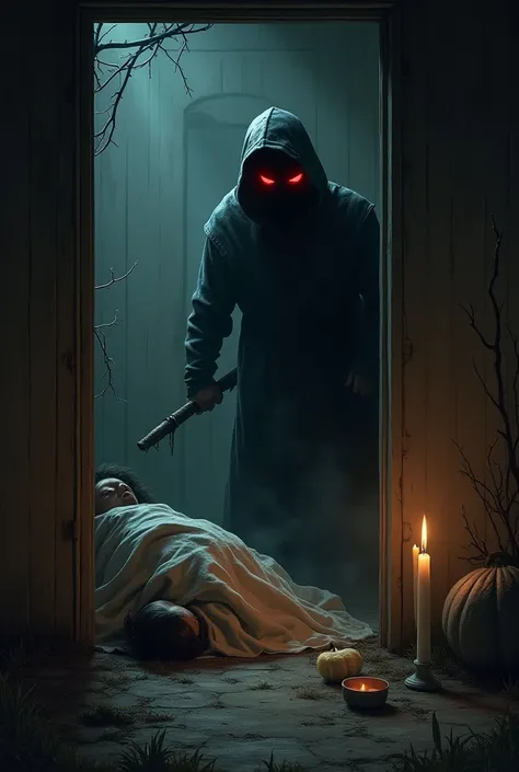 A dark, hooded figure sneaks into a small cottage at night. The room is dimly lit by candlelight, with a sense of tension in the air. The man has an evil aura, with glowing red eyes, holding a weapon. A womans lifeless body lies on the ground, and a baby i...