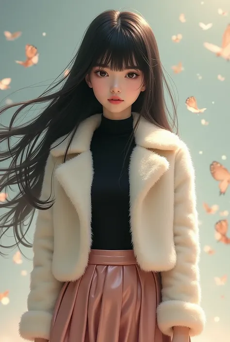 mai, 1girl, solo, black eyes, black hair, long hair, blunt bangs, straight hair, floating hair, zip up Cream mink coloured fur coat cropped with zipper, black turtle neck shirt on the inside, rose gold skirt 