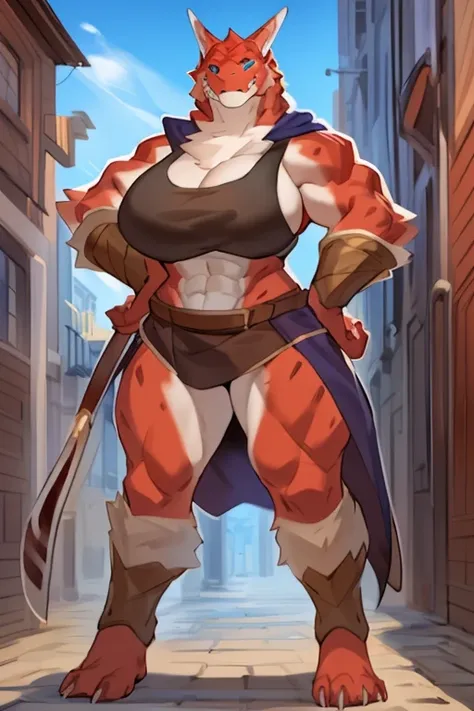 Solo, female, standing, ((muscular, giant, tall, massive, enormous, gigantic, huge, buff, muscular, biceps)), big breasts, red alligator, large head, big jaws, By bebebebebe, by buta99, by chunie, by sonsasu, by danza, alleyway, red skin, , loose tank top,...