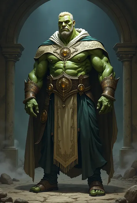 A massive green Dungeons and Dragons half-orc with blond hair in fine clerics robes and wearing small spectacles.