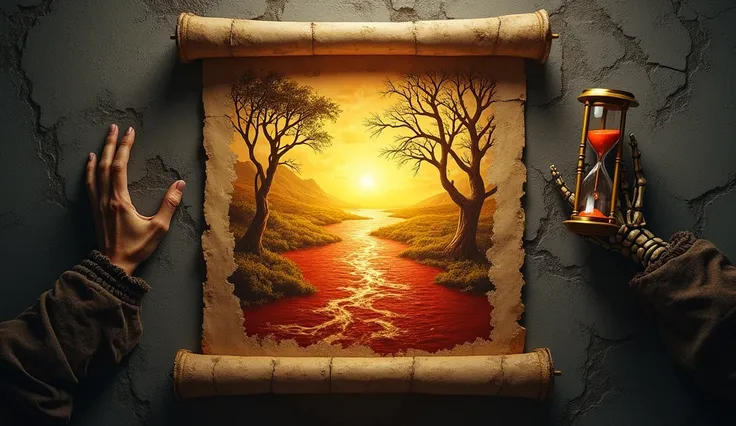  dark and ominous background with a dramatic cracked stone texture, a glowing ancient scroll in the center emitting eerie golden light, surrounded by symbols of biblical curses (a blood-red river, a withered fig tree, and shadowy figures). On one side, a s...