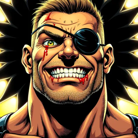 (Comic book art style:1.2), (dynamic illustration:1.3), close-up portrait of a rugged, battle-worn male character, wearing a black eye patch, with sharp, exaggerated facial features, gritted teeth, smirking slightly, blood dripping from his mouth. The char...