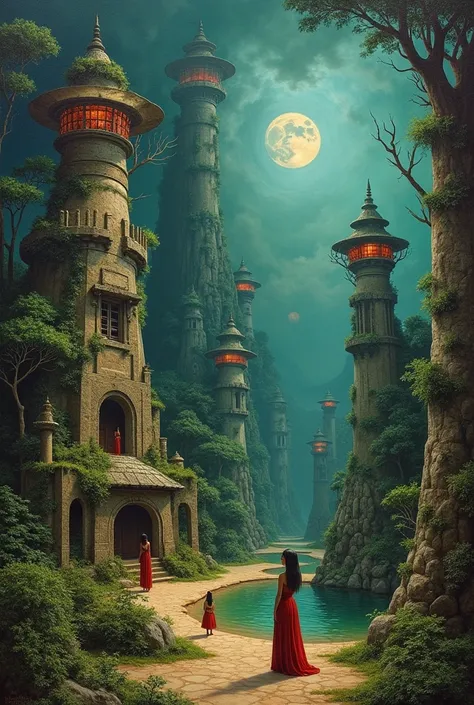 Kay Nielsen, Basil Gogos, Alberto Savinio, James Gurney, Surrealism, elephant-core:: with small Mayan civilization-style dwellings:: high details 16k, pretty oil painting in the style of Leonor Fini