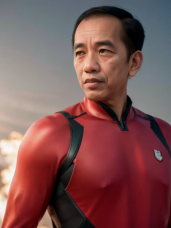 4k, Best quality, masterpiece, ultra high res, beautiful lighting, (realistic, photo-realistic:1.4), realistic background,  jokowi, 1man, 50 years old, serious, ironman open mask, standing potrait photo, Long shot, wide shot, full shot, explosion backgroun...