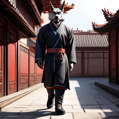 A werewolf walking in Chinese-style clothes