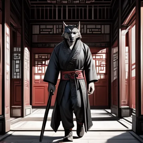 a werewolf walking in chinese-style clothes