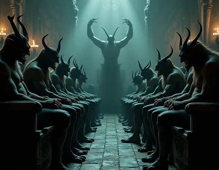 An audience, in chairs, The audience being demons and monsters