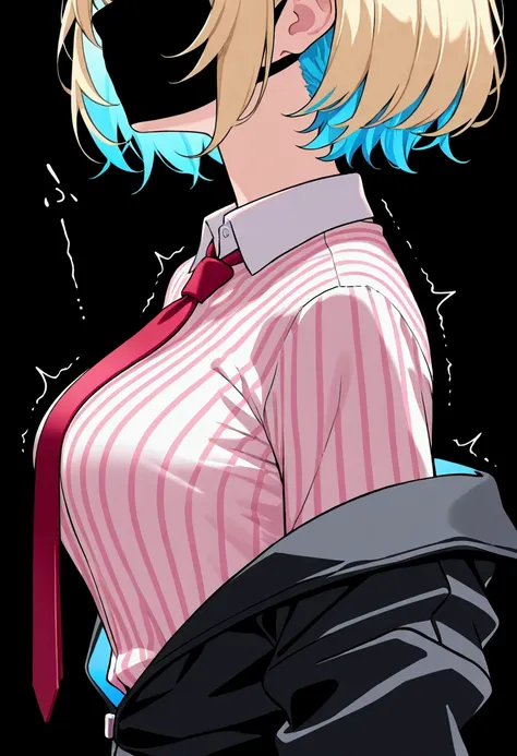 1girl, solo, breasts, short hair, blonde hair, blue hair, white shirt, upper body, collared shirt, off shoulder, striped clothes, from side, black jacket, trembling, black background, red necktie, pink shirt, vertical-striped clothes, striped shirt, vertic...