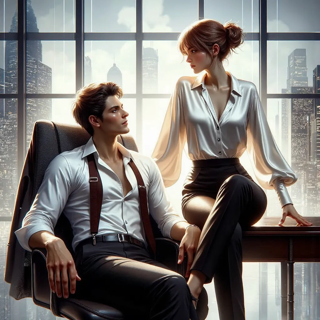 for bookcover, modern fantasy world, book cover photorealistic illustration a very handsome businessman dressed in suit sit on c...