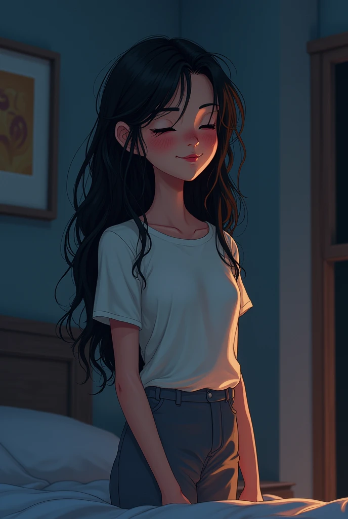 A beautiful female cartoon character stands in her dark room wearing tshirt  and pants with long messy hair and sleepy eyes.