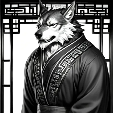 black and white、 no background、a werewolf wearing chinese-style clothes