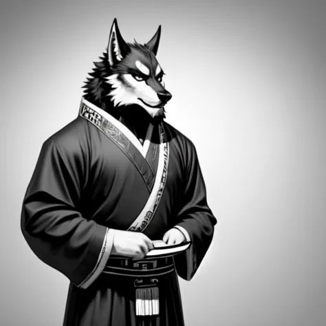 black and white、 no background、a werewolf wearing chinese-style clothes